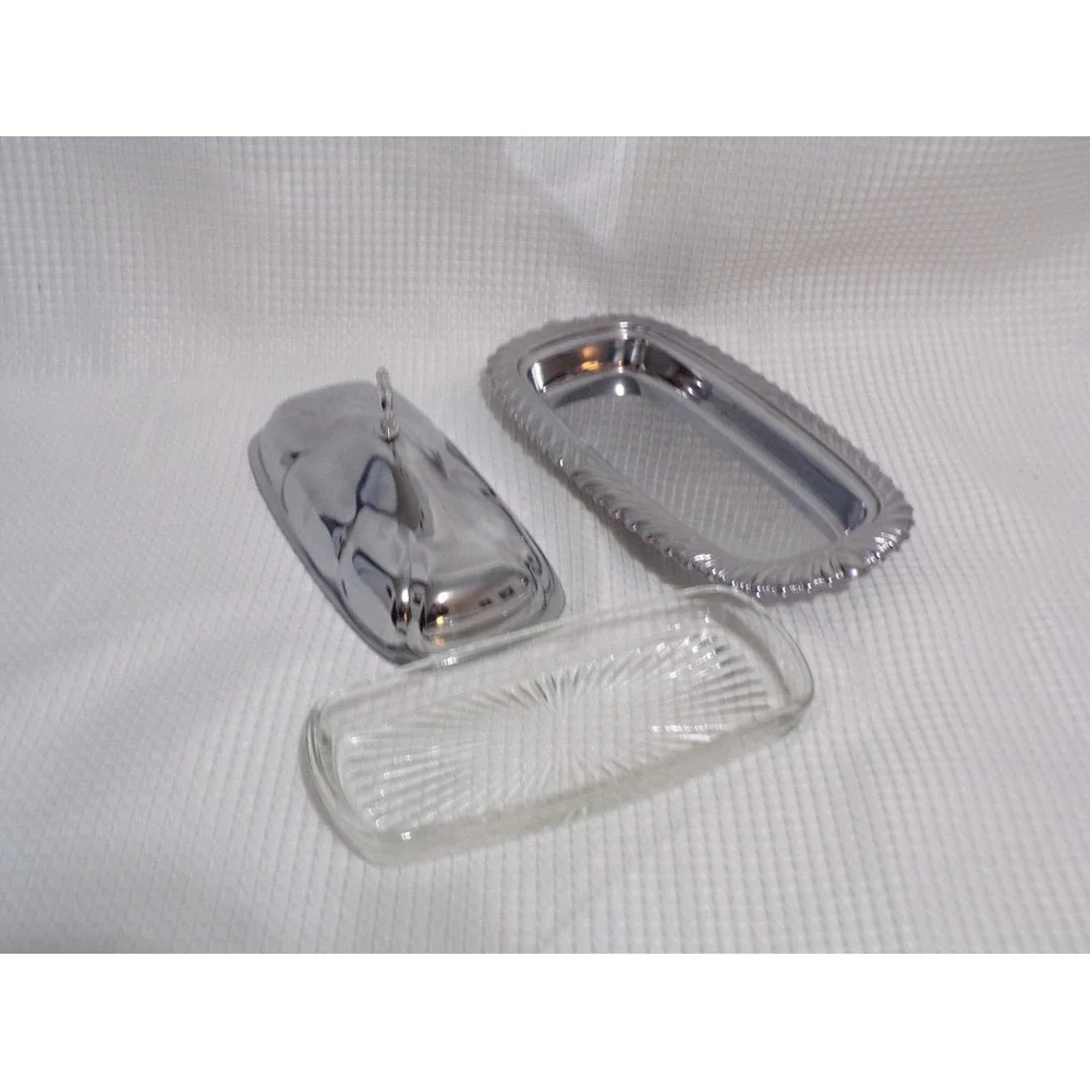Vintage Shelton-Ware Chrome Plated Butter Dish with‎ Glass Insert Tray Dome Lid